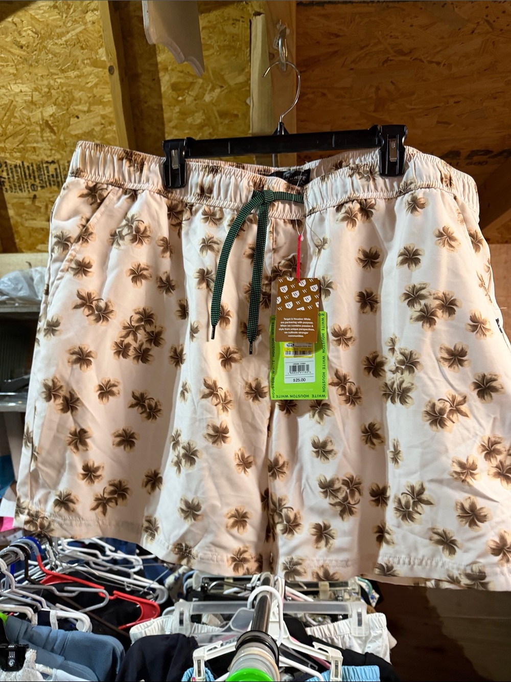 Men's Cream Floral Drawstring Bermuda Shorts with Green Tie